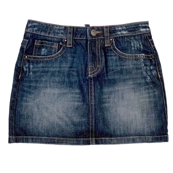 London Jean Vintage Mini Skirt Distressed Embellished Dark Wash Denim Cotton 6 - Picture 1 of 16